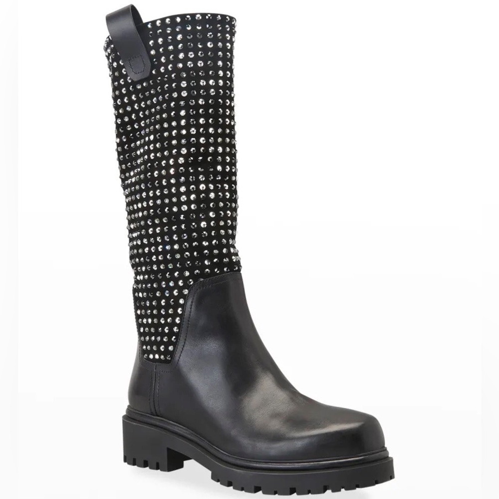 Rene Caovilla 8 Crystal Stud Tall Moto Boots Leather Embellishments